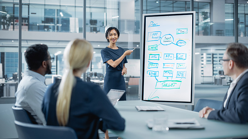 Female Operations Manager Holds Meeting Presentation for a Team of Economists. Asian Woman Uses Digital Whiteboard with Company Project Management Plan, Charts, Data. People Work in Business Office.